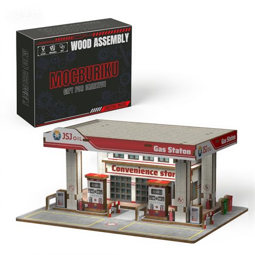 MOCBURIKU 1/64 Diorama for Diecast Cars, 73-Piece 3D Wooden Puzzle with LED Lights, 2-Hour Assembly, Display Case for Hot Wheels Garage (Gas Station)