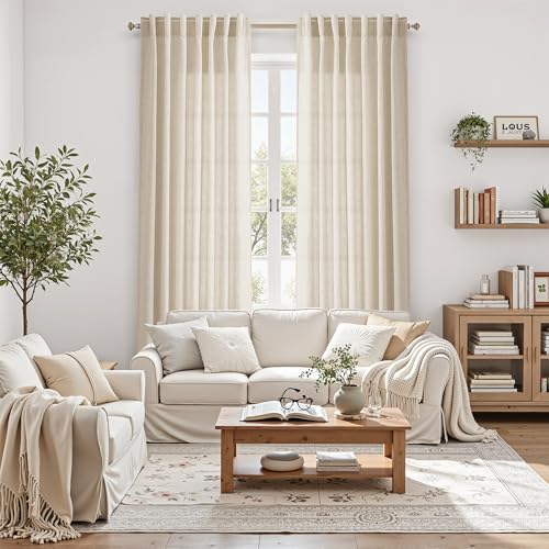 Image of Nanspring Cream Beige Linen Curtains 84 Inches Long for Living Room Light Filtering Semi Sheer Curtain Back Tab Modern Farmhouse Decor Elegant Luxury Coastal Drapes for Bedroom Office 52x84,2 Panels