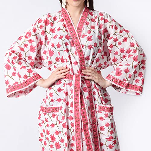 Fabric Venue Hand Printed Kimono, Block Print Robes, Handmade Robes, Cotton Kimono, Dressing Night Wear, Beach Dress, Floral Kimono Robe Km-13 #TOP2