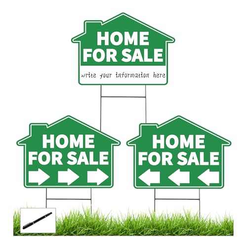3 Pack Home For Sale Signs House for Sale Sign with Metal Stakes - 17x12 Double Sided Weatherproof Yard Sale Signs with Directional Arrows - Ideal for Real Estate Agents & Property Sales (Green)