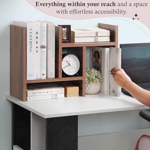 Image of ABOUT SPACE DIY Desk Organizer - Desktop Storage Organizer Table Top Shelf - Engineered Wood Desk Organiser for Study Table Office Table Organiser for Home (L 64 x B 17 x H 35.5 cm) - Walnut