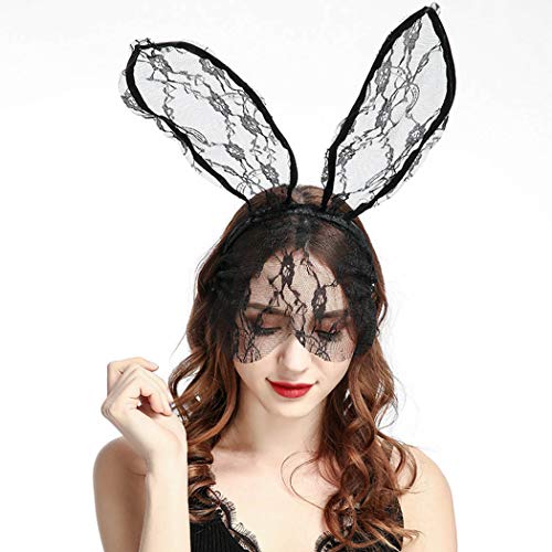 Gangel Sexy Black Hair Hoops Costume Bunny Ear Head Hoop Classy Lace Hairhoops Cute Lovely Rabbit Masquerade Mask Sweet Durable Headwear Accessory with Veil for Girls Women for Halloween Accessories Prime(Pack of 1)
