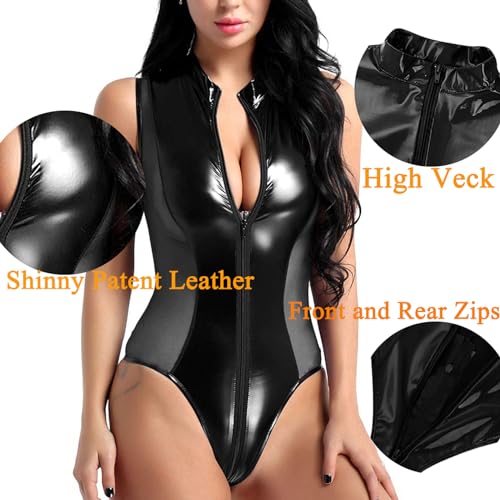 MIZSPISE Latex Dessous Damen Bodysuit Sexy Unterwäsche Reizwäsche Zipper Erotic Wetlook Outfit Babydoll Lackleder Lingerie Lack Nahtlose Party Leder (Schwarz, Einheitsgröße)