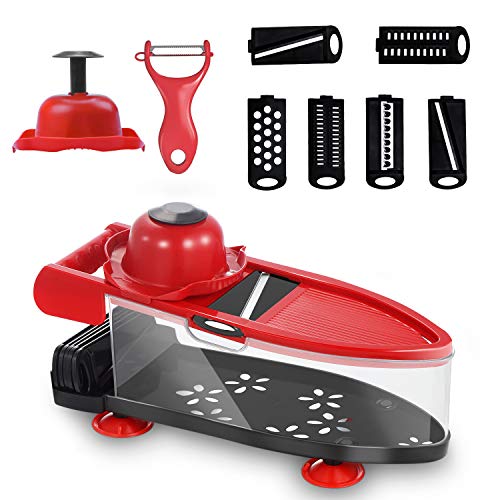Jumper Mandolina de Cocina Cortador de Verduras Rallador de Cocina, Profesional Rallador de Verduras Trituradora de Alimentos Cortador Profesional Múltiple Cuchillo de Acero Inoxidable(Rojo)