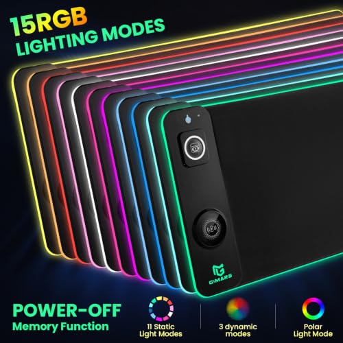 Image of Gimars Upgrade 3 in 1 RGB Mouse Pad with 15W Magnetic Fast Wireless Charging, 31.5x11.8x0.16in Gaming Mousepad, 15 Color Modes, Waterproof Non-Slip XXL Desk Mat with Smooth Surface for Home Office PC