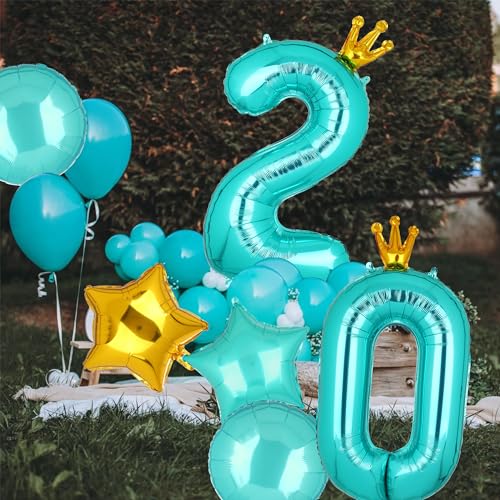 Image of Crown Teal Blue Number 20 Balloons 40 Inch Large Helium Mylar Digital Balloon Anniversary Wedding Mermaid Theme 20th Birthday Party Decor Supplies 5 Pcs, Big
