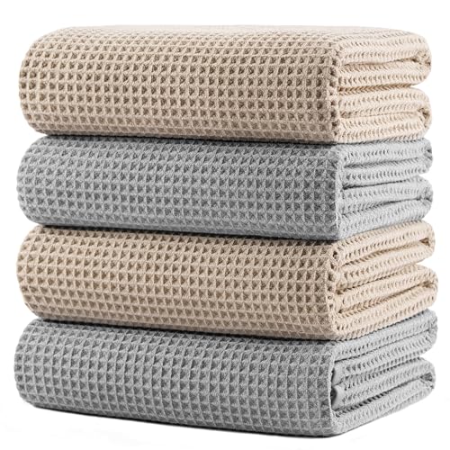 Image of POLYTE 430 GSM Microfiber Oversize Quick Dry Lint Free Bath Towel, 60 x 30 in, 4 Pack (Waffle Weave)