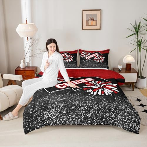 Image of Feelyou Red Glitter Cheer Comforter Set Dreamy Girly Gymnastic Sports Comforter for Kids Boys Girls Gymnastics Lovers Bedding Set Cheer Sports Glitter Duvet Set Room Decor Quilt King Size Boys
