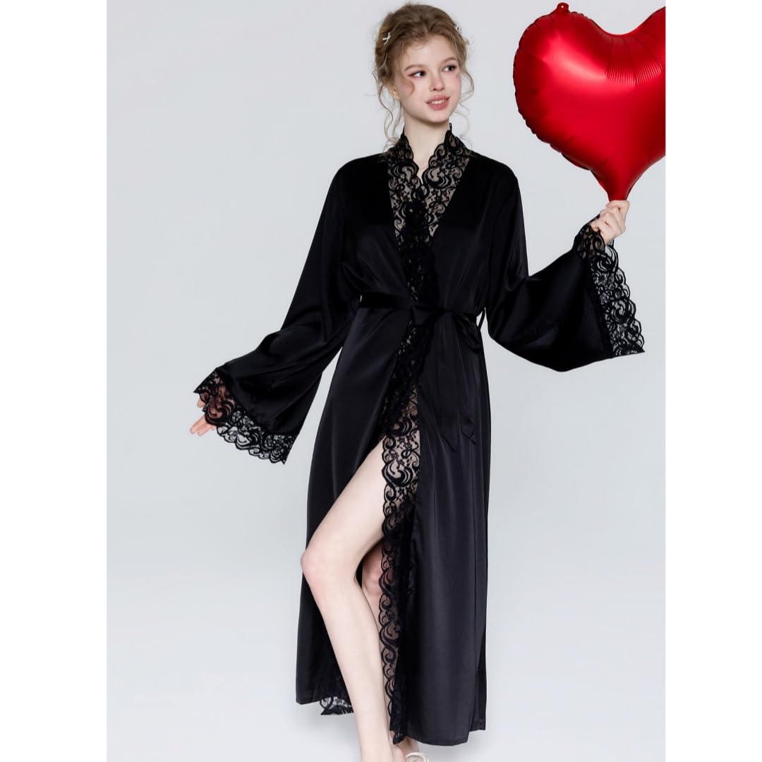 Zweiteiliger Nachtwäsche Set Completo Sottoveste/Vestaglia Lunga in Raso, Pizzo E Rete Trasparente A Pois