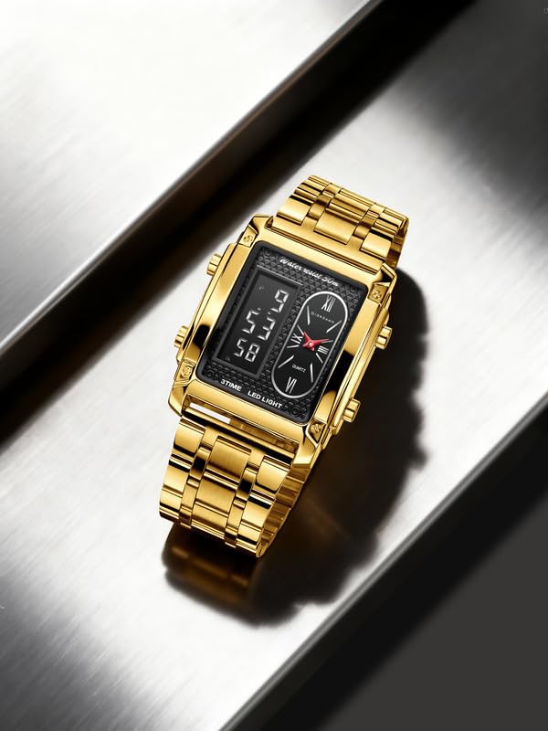 Image of Giordano Analog-Digital Quartz Watch for Men with LED Light, 3-Time Display, Date Function, 30M Water Resistance & Stainless Steel Strap