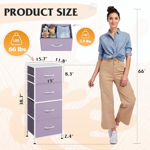 Image of WLIVE Dresser with 4 Drawers, Storage Tower, Organizer Unit, Fabric Dresser for Bedroom, Hallway, Entryway, Closets, Sturdy Steel Frame, Wood Top, Easy Pull Handle, Purple