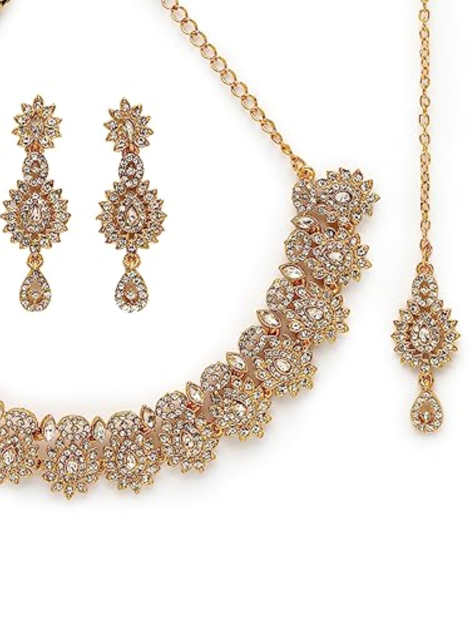 Plated Stone Collar Bone Necklace Set With Earrings And Maangtika
