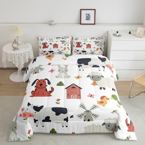 Image of Feelyou Cute Farm Animals Bedding Set Full Size, Kids Cartoon Sheeps Comforter Set Kawaii Dog Comforter Rabbit Cow Duvet Insert Bed Set 3Pcs