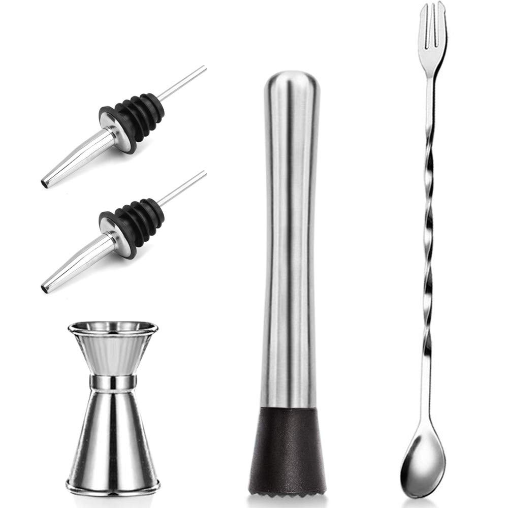 KEKU professional bar tools, durable stir bar pestle, stainless steel stir bar tool, cocktail stir bar mixing spoon, two cocktail picks, Mojito stir bar tool kit, stir bar-shaped grooved nylon head