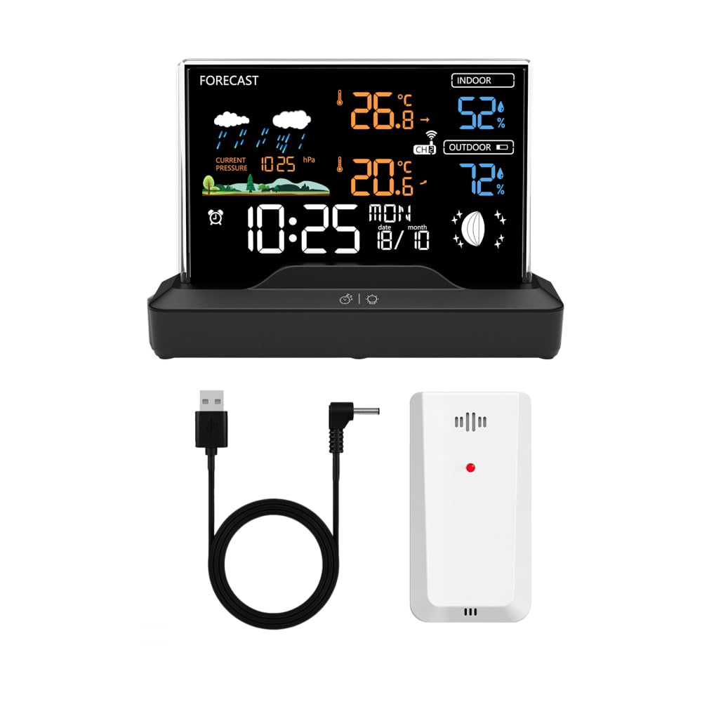 Wetterstation mit Außensensor, Digitales Thermometer Hygrometer mit Barometer Wettervorhersage für Wohnzimmer Büro und Schlafzimmer