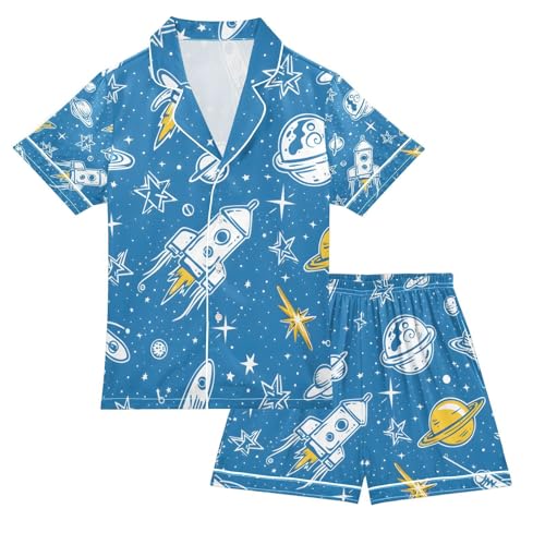 senya Star and Space Blue Satin Summer Pajama Sets Silk Short Sleeve Button Down Sleepwear