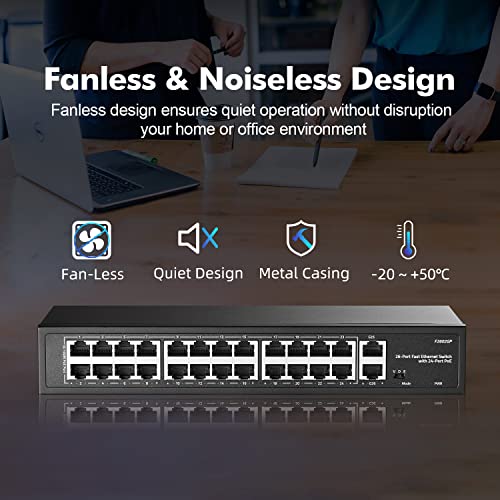 Image of 24 Port PoE Switch with 2 Gigabit Uplink, 100Mbps PoE+ Ports, 1000Mbps Uplink, IEEE802.3af /at, Max 300W, VLAN & PoE Extend 250m, YuLinca RackMount Fanless Unmanaged Ethernet Switch