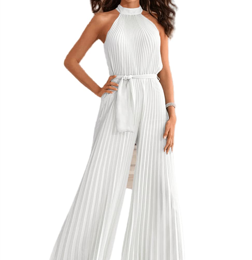 XinCDD Elegante sin Mangas Halter Mono Plisado Encaje hasta Pierna Ancha Suelta Casual Monos Largos cóctel Fiesta de Noche