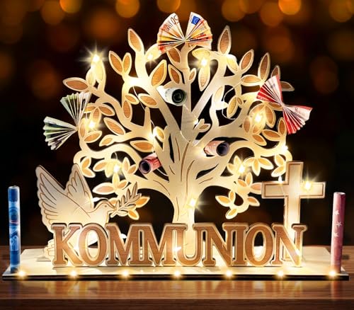 Kommunion Geschenke für Mädchen Jungen Holz Geldgeschenk Kommunion/Erstkommunion mit LED Lichterkette Kommunionsgeschenke Geschenk Erstkommunion Mädchen Junge Tischdeko Kommunion/Erstkommunion Deko