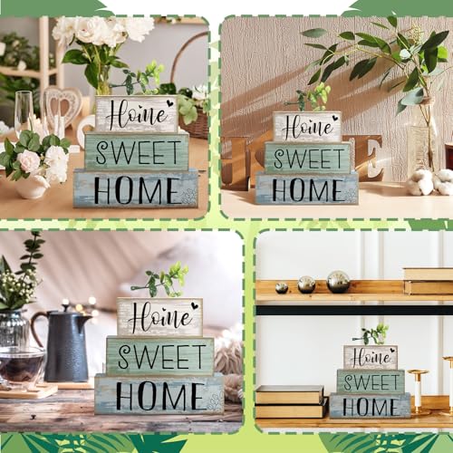 Image of Moucuny 4 Pcs Wooden Farmhouse Table Decor Rustic Home Sweet Home Stacked Blocks Decoration Farmhouse Tiered Tray Decor Decorative Eucalyptus Block Signs Gift for Kitchen Shelf Coffee Table
