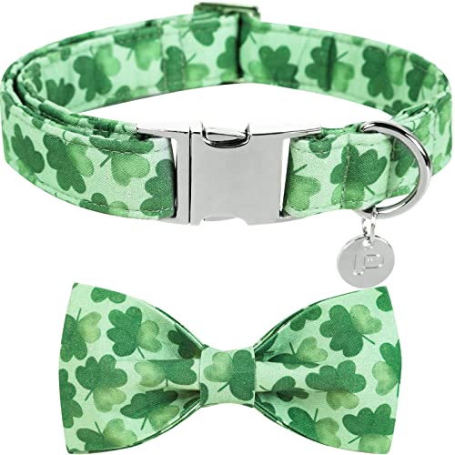 UP URARA PUP St. Patrick's Dog Collar with Bow Tie, Cotton St. Patrick's Bowtie Collar for X-Large Girl Boy Dog, Lucky Shamrock Dog Collar with Metal Buckle, Green, Spring, XL