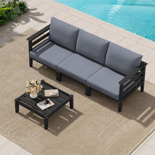 Image of SERWALL HDPE Patio Furniture Set, 4 Pieces Outdoor Sectional Sofa Set | All-Weather Wood-Like Outdoor Sofa Couch with Coffee Table, Modular Design for Flexible Combination