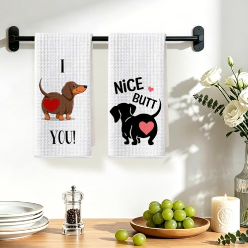Image of 2 Pcs Dachshund Kitchen Towels 24x14 Inch, Dachshund Gifts Reusable Dish Towels for Kitchen Bathroom Decor, Waffle Weave I Love You Hand Cloth Tea Towel, Cute Dog Valentine's Gifts for Girlfriend Wife