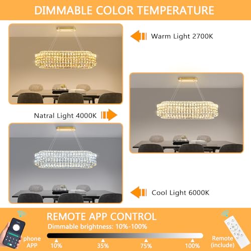 Image of L32 x W12 Modern Chandeliers for Dining Room LED Dimmable Pendant Lighting Ceiling Chandelier Crystal Rectangle Light Fixtures Gold