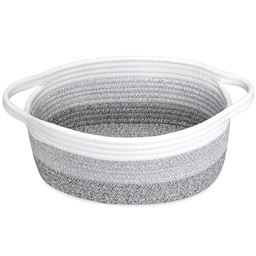 Image of ABenkle Small Basket with Handles, Boho Decorative Rope Woven Dog Cat Toy Storage Bin Shelf Storage Organizer, Easter Christmas Gift Basket, 12 inchx8 inchx5 inch