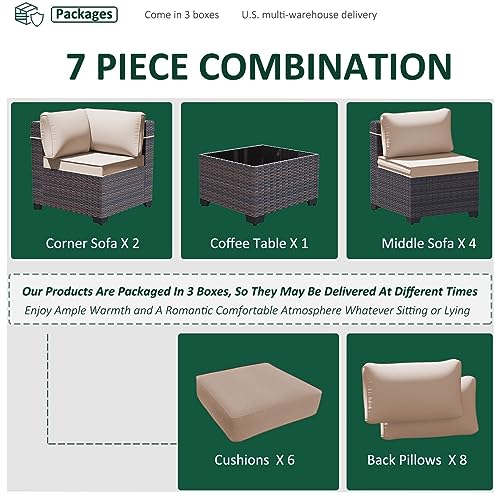 Image of 7 Pieces Outdoor Patio Furniture Set,Outdoor Sectional Furniture All Weather PE Rattan Wicker Patio Conversation Set with Coffee Table and 6 Thickened Cushions,Sand