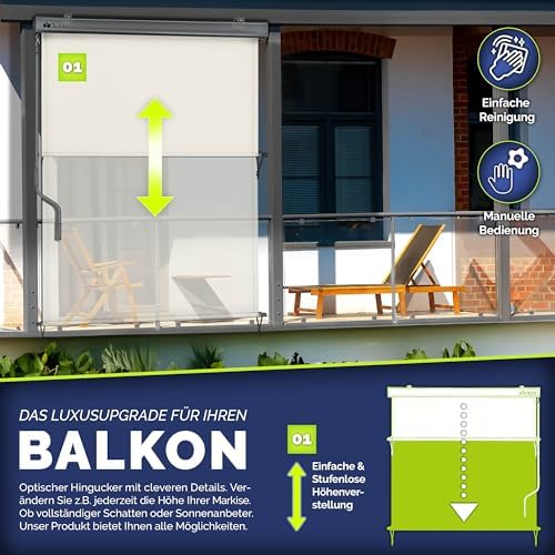tillvex® Senkrechtmarkise 180 x 250 cm | Wasserfestes Außenrollo mit Handkurbel | Sonnenschutz & Sichtschutz für Balkon 