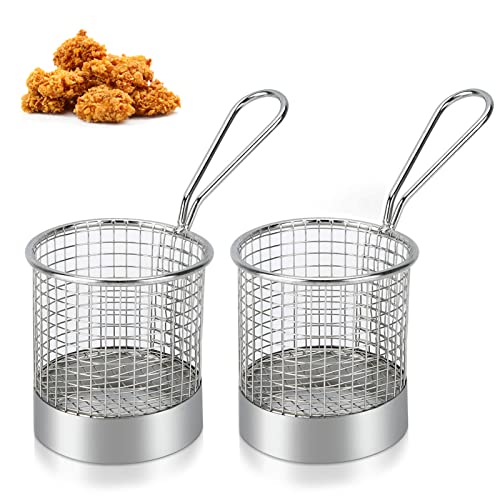 2PCS Mini Round Stainless Steel Deep Fry Basket, French Chip Frying Serving Food Baskets Mini French Fry Chips Baskets Net for Snacks Reusable Fries Holder with Handle