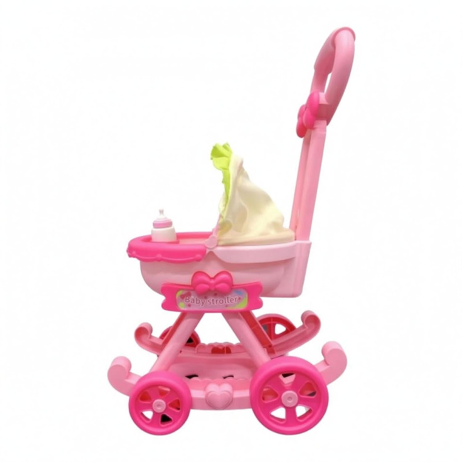 Textile Canopy Pink Doll Stroller Push Handle Pink Toy Stroller Front Tray Storage Platform for Children, Cartoon Stroller-image-7