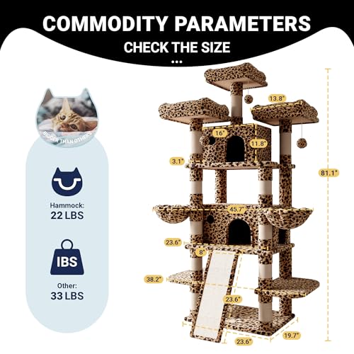 Image of Allewie 82 Inches Large Cat Tree /House /XXL Tall Cat Towers for Big Feline /Scratching Post /Multi-Level Large Kitty Climbing Tree with Condo /Leopard Print