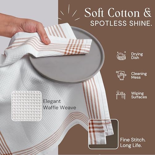 Image of Waffle White & Brown 4 Pack Kitchen Towels Set, 100% Cotton, 16x26 inches, Professional Quality Cleaning Towel for Bar, Home, Restaurant Use, Absorbent Dish Cloths for Drying Dishes