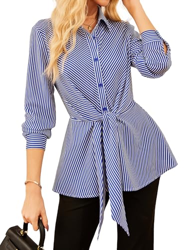 GRACE KARIN - Blusa a rayas de manga larga con botones para mujer, camisa de negocios con peplum, estilo business, con nudo en la parte delantera, azul, XXL