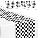 Mwellewm 6 Pcs Checkered Table Runner 14x108 Inch Plastic Racetrack Road Race Car Table Cloth Disposable Black and White Tablecloth for Two Fast Racing Theme Birthday Party Decorations Events Supplies