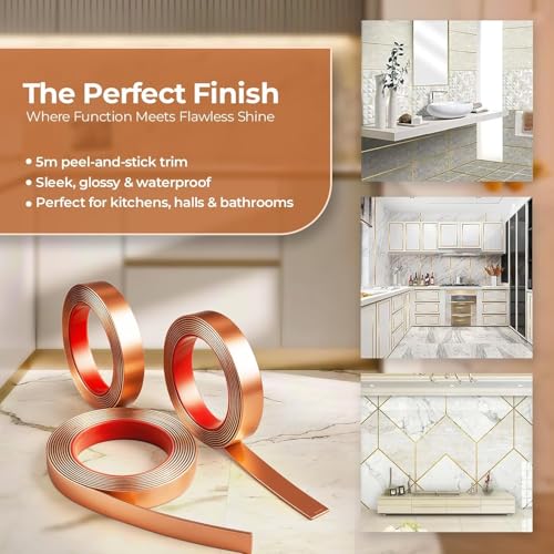 Image of Gold Moulding Patti for Wall - 5M Self Adhesive Metal Strip | T Profile Wall Moulding Trim for Ceiling, Furniture, Cabinet, Tile Border | 12MM SS 201 Mirror Finish (Gold, 12MM)