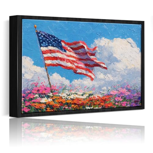 Image of American Flag Framed Canvas Wall Art, 4th of July Floral Canvas Prints, Wildflower Landscape Patriotic Decorations, Vintage Rustic Independence Day Wall Decor for Bedroom Living Room Office 8x10