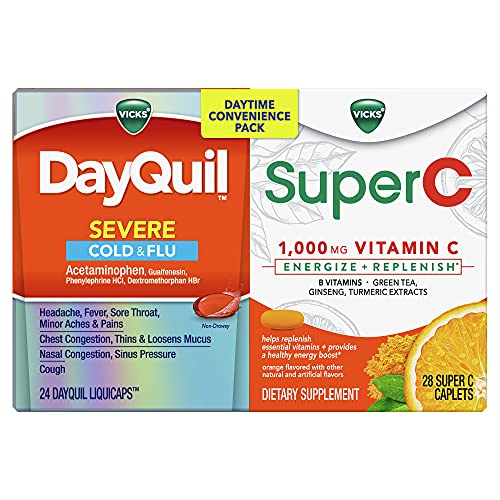 Vicks DayQuil & Super C Pack Serve for Max Strength Cold & Flu Relief, Daily Supplement with Vitamin C & B, Helps Energize & Replenish, Blend of Quality Herbal Extracts, 52 Count