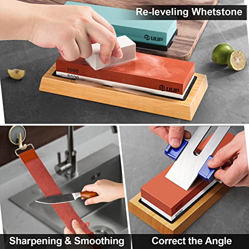 Uup 9Pcs Knife Sharpening Kit Professional Sharpening Stone Whetstone Set 4 Side Grit 400/1000 3000/8000 Premium Whetstone Knife Sharpener With Flattening Stone, Cut Resistant Gloves & Honing Guide #TOP3
