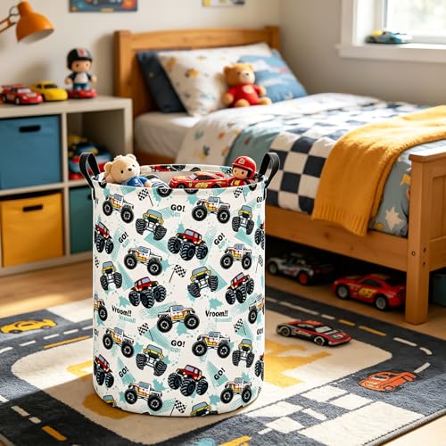 Image of Monster Truck Fabric Storage Bin Nursery Organizer Basket | Organizer Bin Dirty Clothes Collapsible Waterproof for College Dorms, Boys and Girls Bedroom,Bathroom