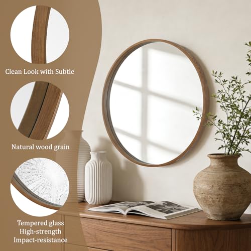 Image of WallBeyond Wood Round Mirror with Wood Frame 24 inch Circle Wall Mirror for Bathroom Round Wall Mirror for Wall Decor, Vanity, Entryway Living Room (Walnut)