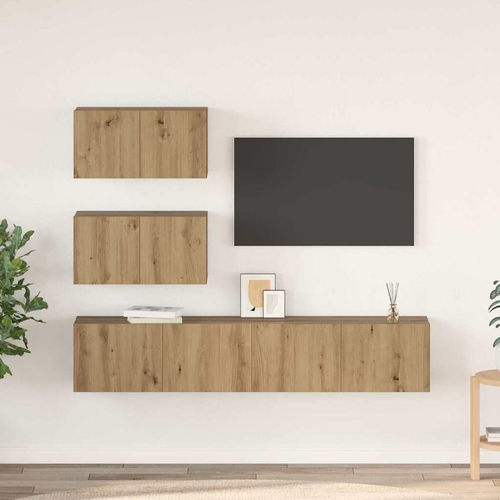 Set 4 Mobili TV Sospesi Rovere Artigianale Legno Ingegnerizzato | Credenza sospesa per soggiorno composta da 4 moduli con ante a cerniera per riordinare dispositivi e accessori.