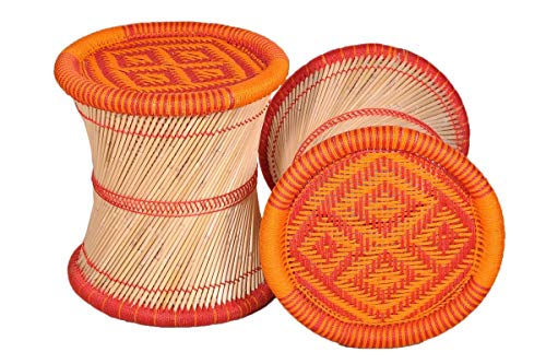 Image of D.K Mudda House Handmade Sarkanda Wooden Small Stool Set (Wood, Beige)