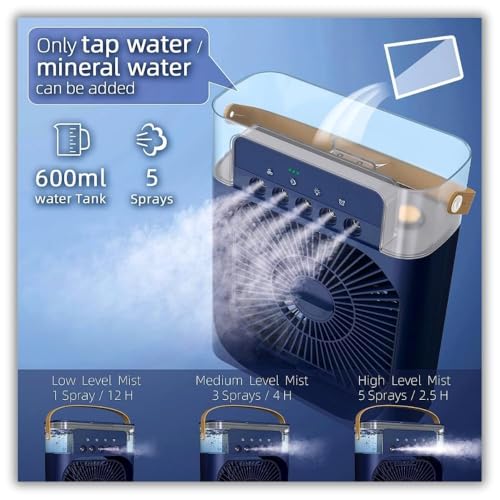 Image of DRUMSTONE Luxurious 5 Year Warranty Portable Mini Air Cooler with Humidifier & Mist Spray 3-Speed Personal Desk Fan 7-Color LED Night Light Timer Function USB Evaporative Cooling Fan for Home & Office
