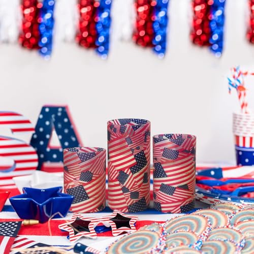 Image of NJAO HOO Flickering Flameless Candles, LED Candles 3D Wick Acrylic Battery Operated LED Pillar Candles with Remote and Timer for Day 4th of July Decor Set of 3(American Flag)