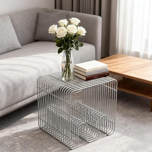 Metal Side Table Stainless Steel Linear Metal Small End Table with Magazine Rack Modern Minimalist Nightstand Stainless Steel End Table with Storage Shelf for Living Room Bedroom Office