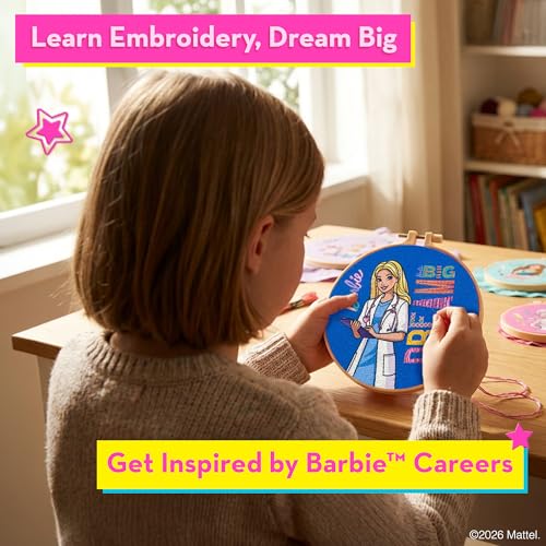 Image of Barbie Embroidery Kit for Kids Ages 8-12 - 8 Beginner Designs, 2 Hoops