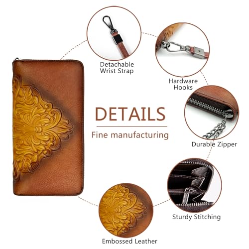 Image of Wallet Genuine Leather for Women - with RFID Blocking Card checkbook ID Slot Large Capacity Vintage style (floral brown)